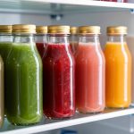 Fresh Fruit and Vegetable Juices in Gold-Capped Glass Bottles