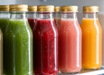 Fresh Fruit and Vegetable Juices in Gold-Capped Glass Bottles