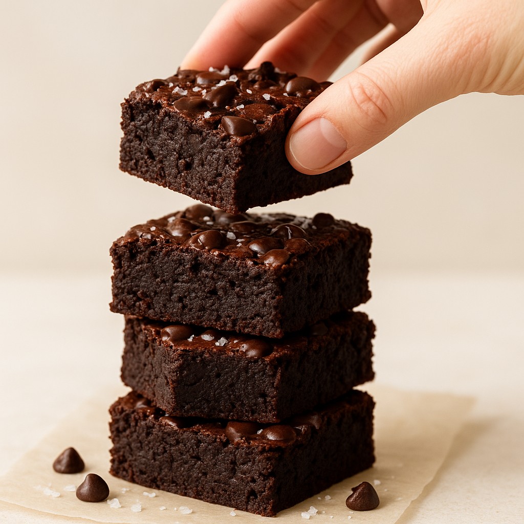 This image displays a stack of rich, dark chocolate brownies topped with melted chocolate morsels and a sprinkling of sea salt. A hand is captured mid-motion, lifting the top brownie from a stack to reveal a dense, fudgy texture. The warm, inviting aesthetic focuses on the moist appearance of the chocolate dessert against a clean, light-colored background.