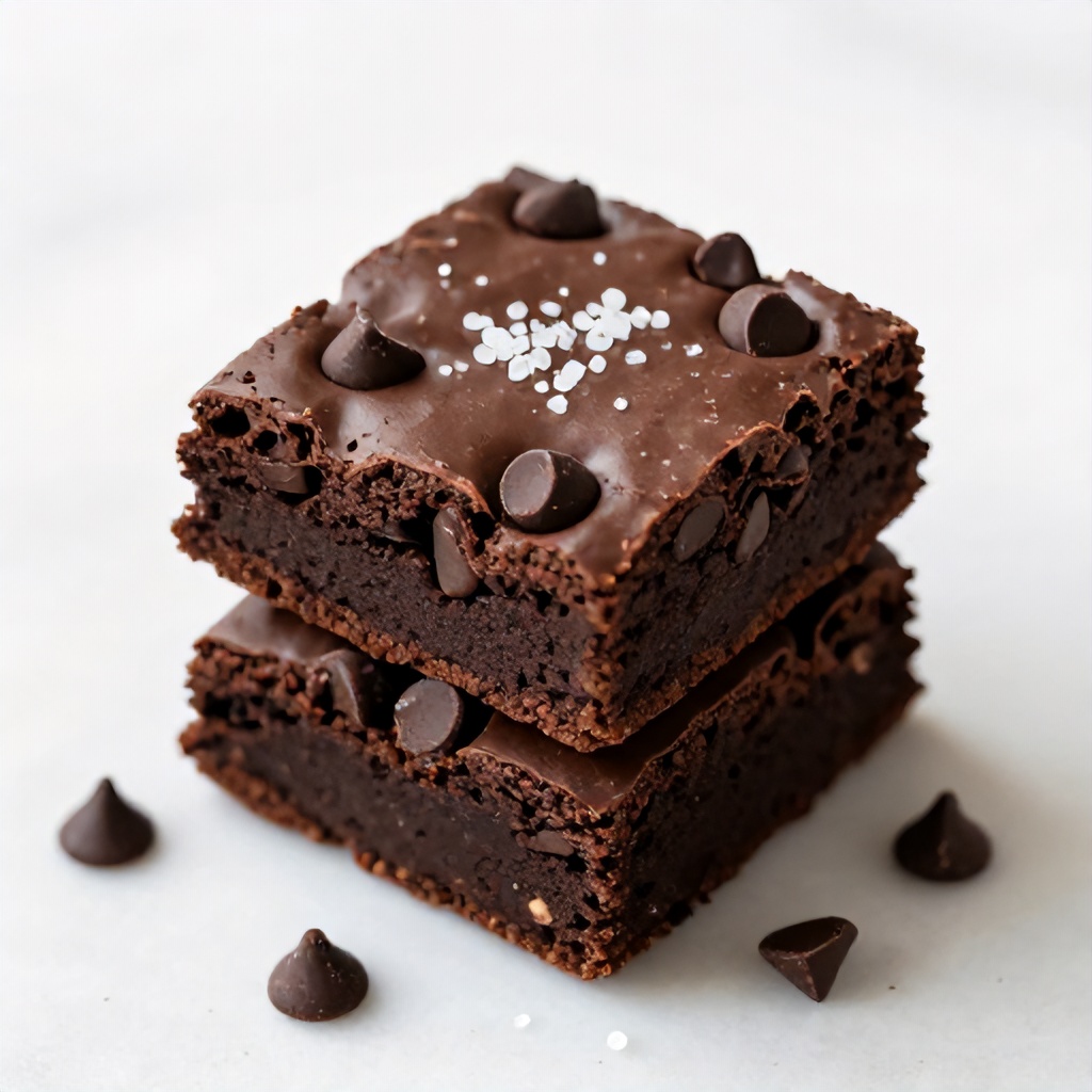 This image features a close-up, high-angle view of rich, dark chocolate brownies stacked neatly on a white surface. The brownies are topped with visible chocolate chips and coarse sea salt, and loose chocolate chips are scattered around the base. The composition is bright and minimalist, focusing on the indulgent, moist texture of the dessert against a clean, light backdrop.