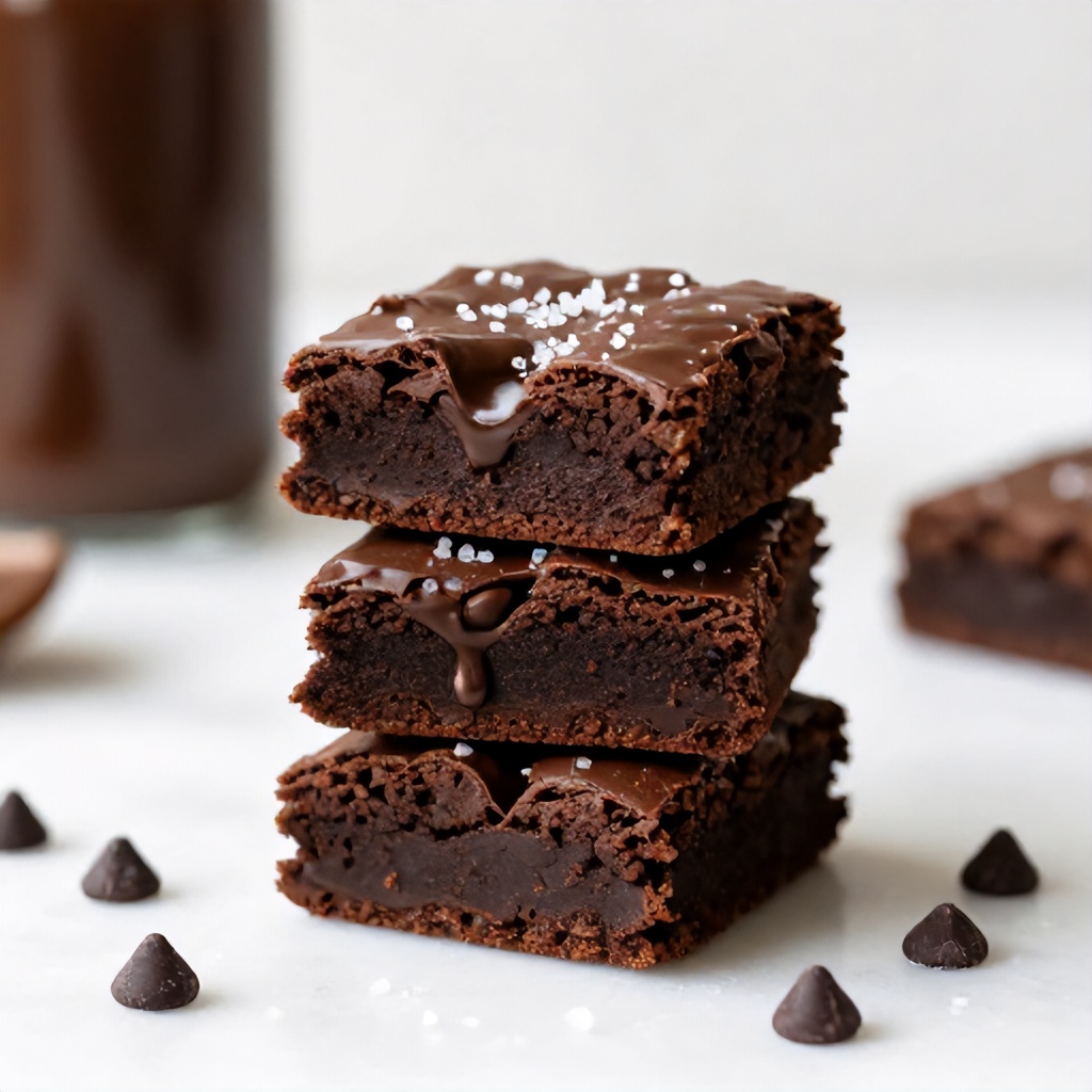A stack of three thick, decadent chocolate brownies is centered in the frame, featuring visible pools of melted chocolate and a light dusting of sea salt. The dark, rich treats sit on a clean white surface scattered with loose chocolate chips, creating a high-contrast and inviting aesthetic. A blurred bottle stands in the background, adding a sense of casual, home-baked warmth to the composition.