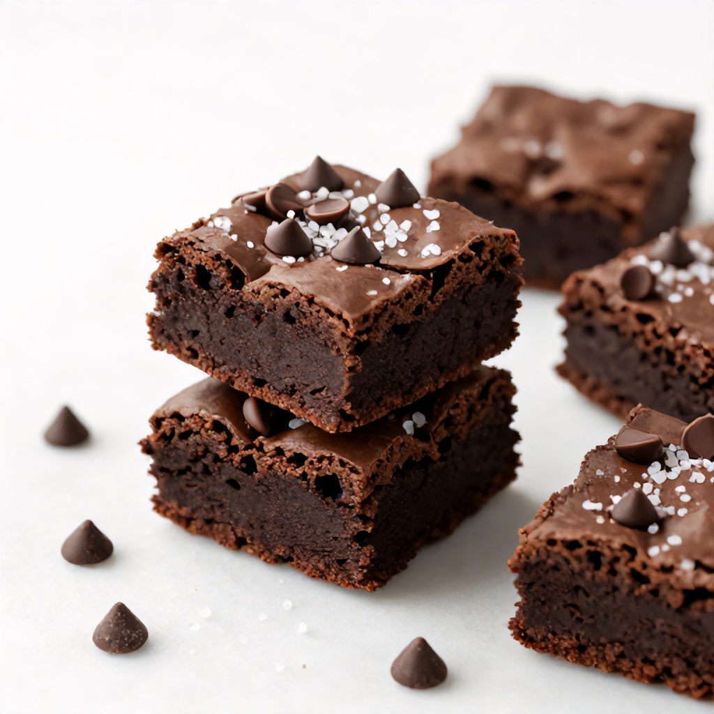 A stack of three thick, dark chocolate brownies sits on a white surface, topped with melted chocolate chips and a sprinkle of coarse sea salt. Several other brownies are scattered nearby, accompanied by loose chocolate chips and salt crystals. The mood is rich and indulgent, captured in a clean, bright style that highlights the dense, fudgy texture of the baked goods.