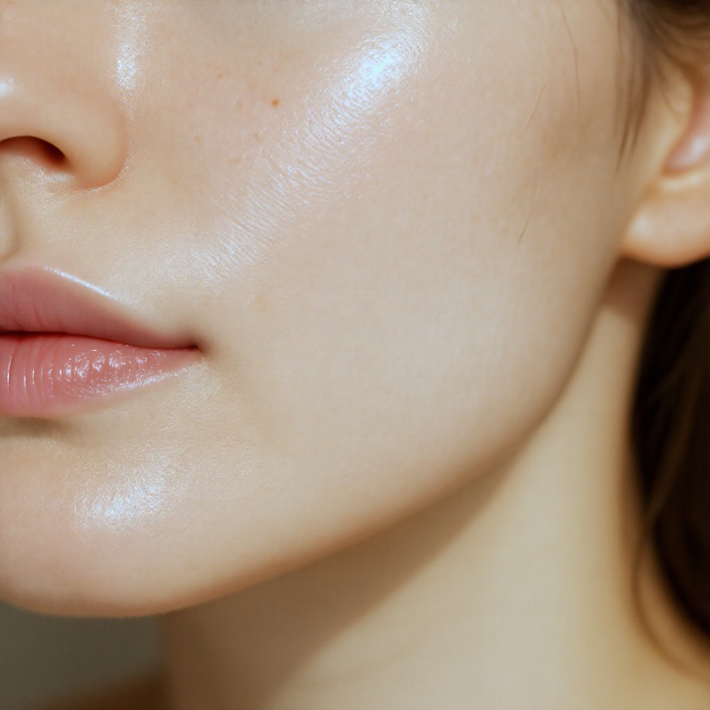 This close-up shot focuses on a person's cheek and jawline, highlighted by a subtle, shimmery glow. The skin appears smooth with a soft, natural radiance and warm, light-toned hues. The lighting creates a gentle, focused aesthetic that emphasizes the texture and healthy appearance of the skin.