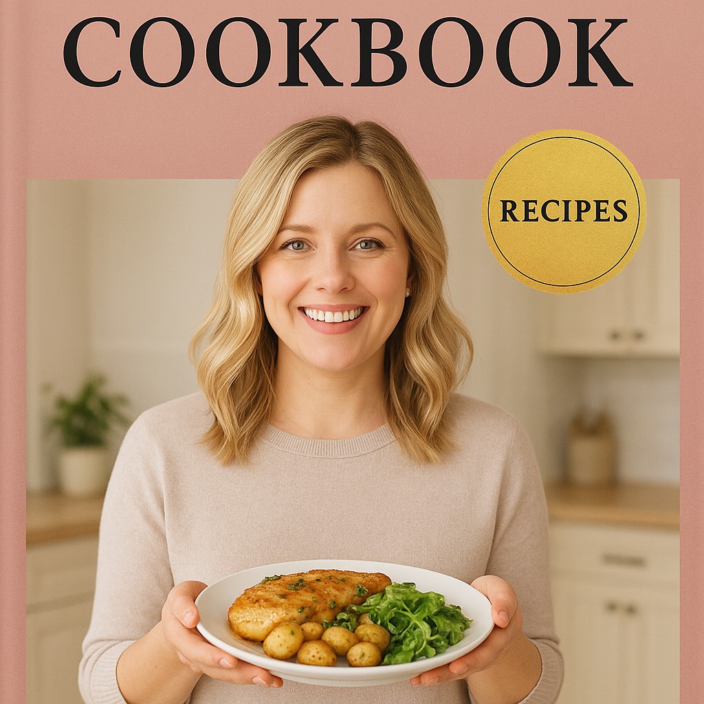 The image shows a cookbook cover featuring a woman with blonde hair smiling while holding a plate of food. The cover has a soft, dusty rose background and includes bold black text, a golden circular seal, and a domestic indoor setting. The overall style is bright, inviting, and professional, suggesting a collection of approachable home-cooked recipes.