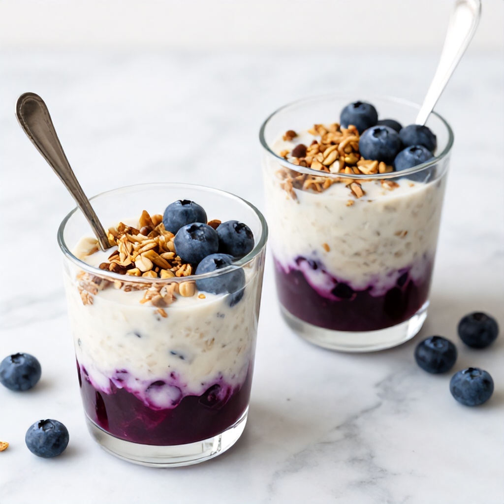 Two glasses of creamy overnight oats are arranged on a white marble surface, each layered with vibrant blueberry compote. The tops are generously sprinkled with crunchy granola and fresh blueberries, with a metal spoon resting in one of the glasses. The soft, light aesthetic and scattered berries create a fresh, appetizing, and wholesome mood.