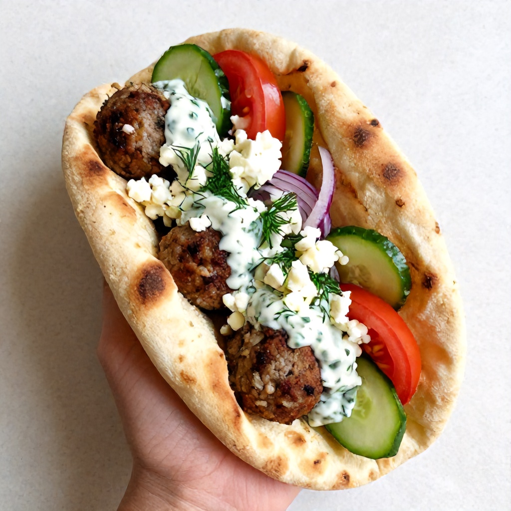 A hand holds a warm pita bread filled with golden-brown meatballs, fresh cucumber slices, sliced tomatoes, red onion, and crumbled feta cheese. The dish is generously topped with a creamy herb-infused sauce and scattered with fresh dill. The scene is presented on a light, speckled surface, creating a bright and appetizing aesthetic.