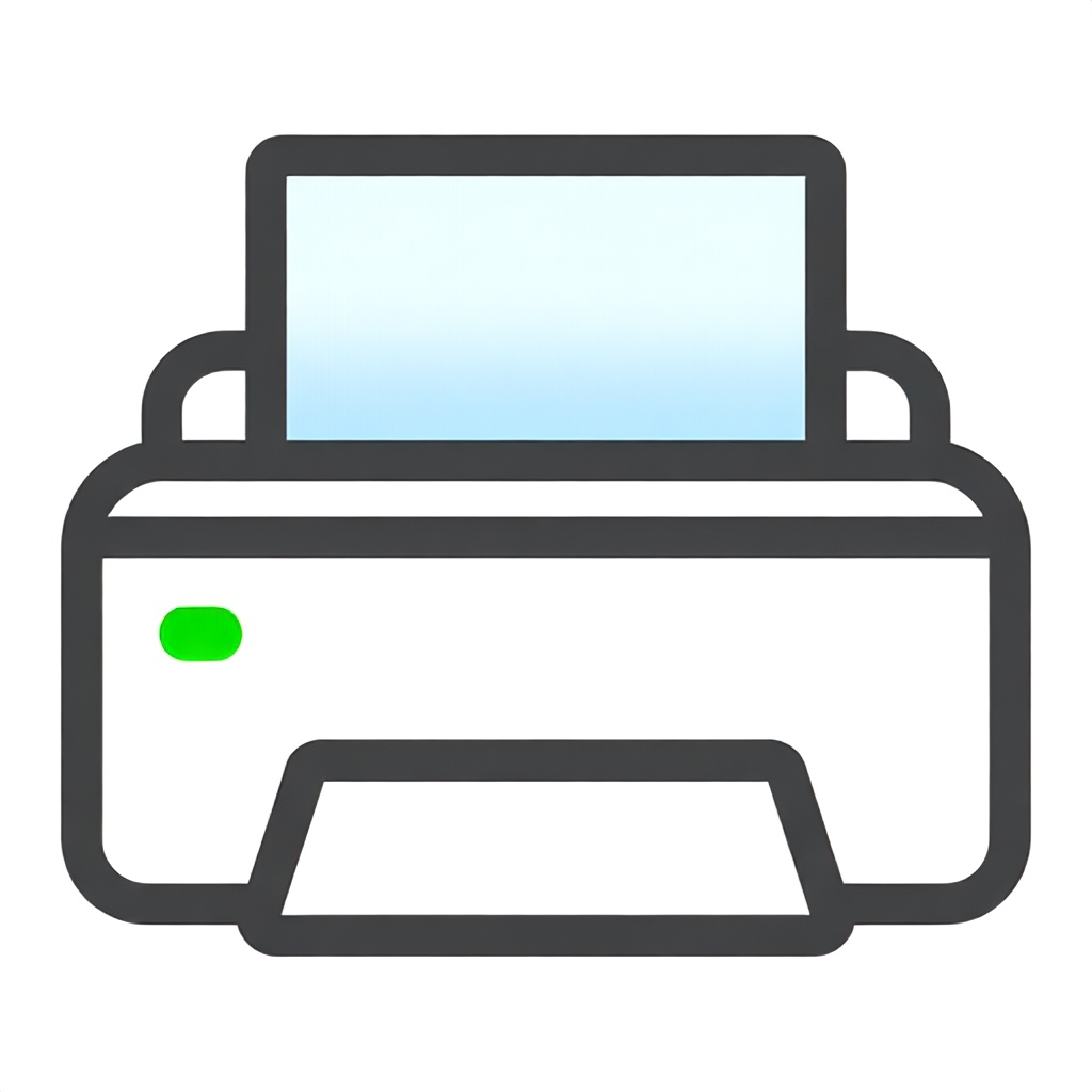 This digital icon depicts a classic desk printer in a neutral gray and white color palette. A single sheet of paper with a light blue gradient is positioned in the top feeder tray, while a small green indicator light glows on the front panel. The image is rendered in a simple, stylized format common to computer interface graphics.