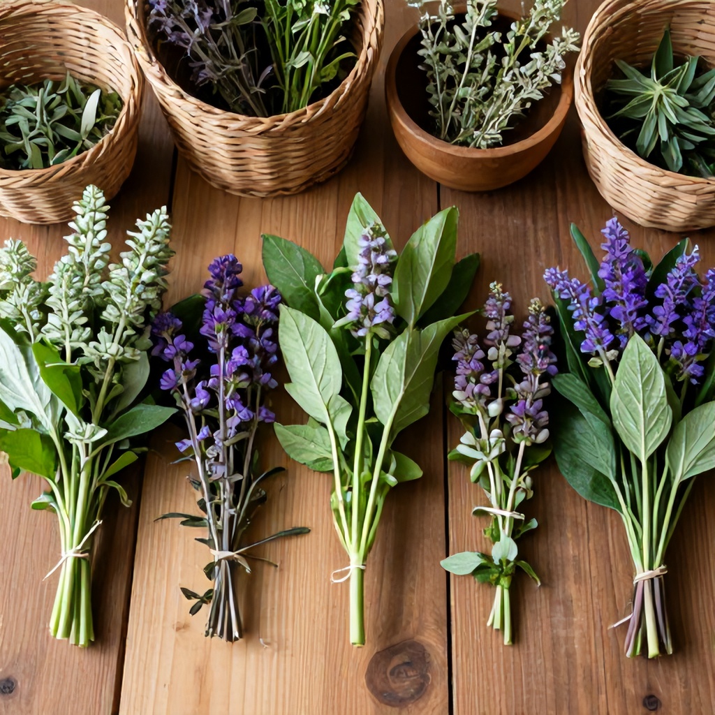 An array of fresh herbal bundles featuring green leaves and purple flowers is neatly arranged across a rustic wooden tabletop. Behind these fresh plants, several woven baskets and a wooden bowl hold a variety of dried herbs, suggesting a harvest or preparation for storage. The composition uses a natural color palette of earthy browns, vibrant greens, and soft purples to create a practical and grounded mood.
