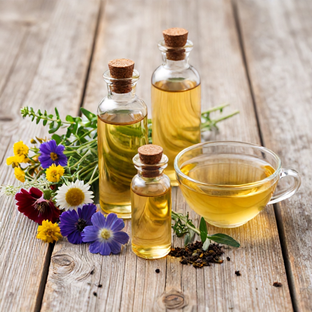This image displays an arrangement of apothecary-style glass bottles filled with golden liquids, accompanied by a collection of fresh herbs and colorful wildflowers. A small glass cup of herbal tea sits nearby, all set against a rustic, weathered wooden surface. The scene evokes a natural and traditional atmosphere centered on botanical health and wellness.