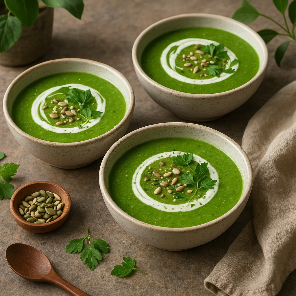 Three bowls of vibrant green soup are elegantly arranged on a rustic, textured tabletop. Each bowl is finished with a swirl of white cream, a sprinkle of seeds, and delicate fresh herbs. The setting is complemented by natural elements like green leafy plants, linen cloths, and wooden accents, creating a wholesome and inviting atmosphere.