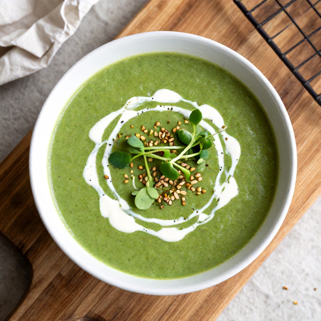 A white bowl filled with a vibrant green, creamy soup is shown from an overhead perspective, artfully garnished with swirls of white cream, fresh microgreens, and a sprinkle of small seeds. The bowl sits on a rustic wooden board, surrounded by textured elements like crumpled paper and a wire rack that enhance the homey feel of the scene. The overall mood is warm and inviting, highlighting the fresh and wholesome qualities of the meal.