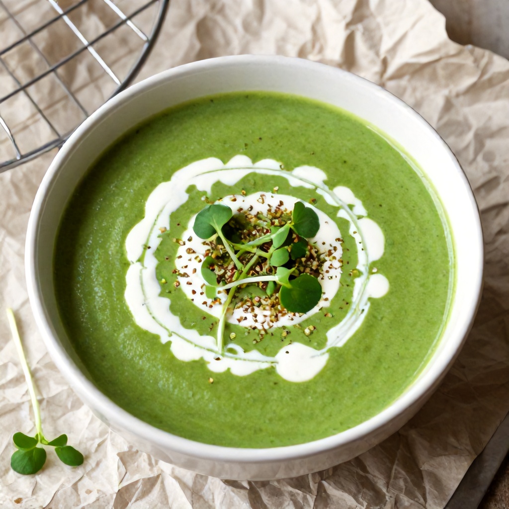 A bowl of vibrant green soup is topped with swirls of white cream and fresh microgreens. Sprinkles of small seeds are scattered across the surface, providing a textured finish to the dish. The bowl is set in a rustic scene featuring crumpled paper and a metallic wire rack, accompanied by a small green plant sprig.