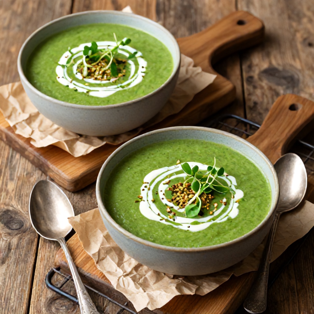 Two bowls of vibrant green soup are artfully presented on a rustic tabletop, garnished with swirls of white cream, delicate microgreens, and a sprinkle of seeds. The bowls are set upon a combination of wooden boards and vintage-style wire racks, nestled among crumpled parchment paper and bundles of silver spoons. The overall composition uses earthy tones and soft lighting to create a warm, healthy, and inviting atmosphere.