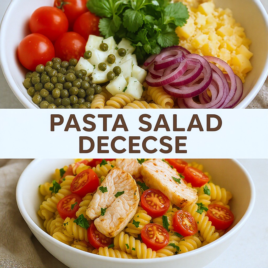 This vertical composite image displays a colorful Mediterranean-style pasta salad featuring rotini, cherry tomatoes, capers, and fresh herbs. The top section highlights a variety of fresh ingredients arranged together, while the lower section shows the completed dish mixed with red onions and flaked fish in a bowl. Bright natural lighting and a palette of vibrant reds, greens, and golden-yellows give the dish a fresh and appetizing appearance.