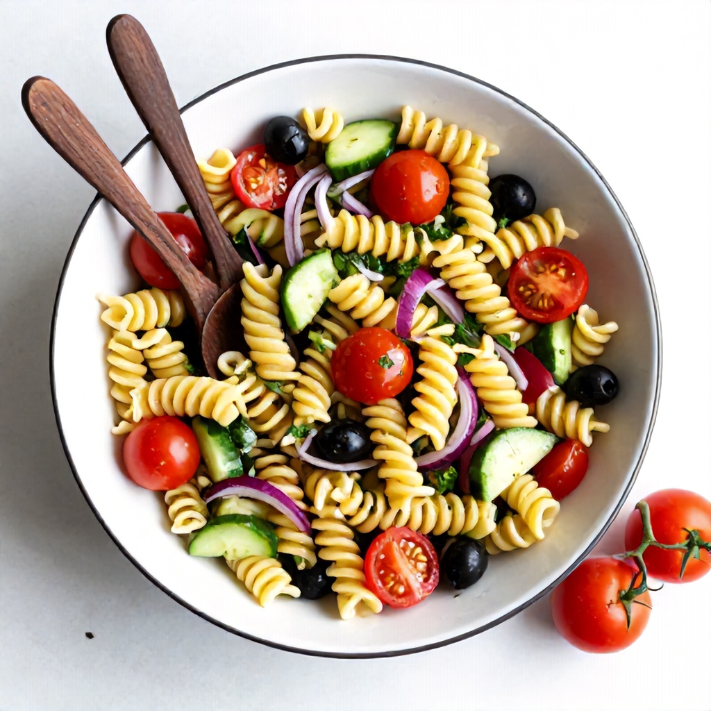 A large white bowl with a dark rim is filled with a colorful Mediterranean-style pasta salad, featuring rotini, cherry tomatoes, cucumbers, red onions, olives, and fresh herbs. Two dark wooden spoons are tucked into the dish, and a small vine of bright red tomatoes rests on the clean, light surface beside it. The overhead perspective emphasizes the fresh textures and vibrant colors, creating a healthy and inviting meal presentation.