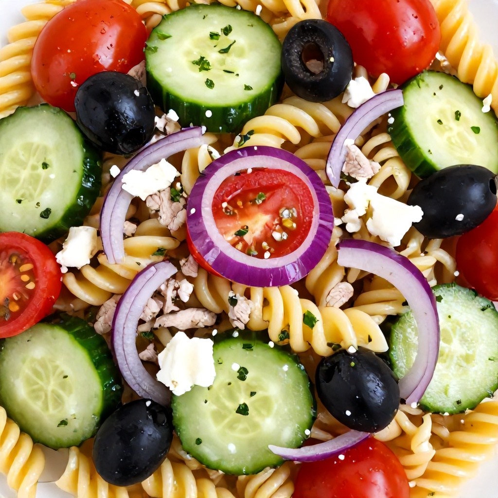 This close-up top-down view showcases a vibrant and hearty pasta salad made with rotini noodles. The dish is filled with colorful ingredients including bright red cherry tomatoes, sliced purple onions, green cucumbers, and dark olives. Crumbled white cheese and flaked protein are mixed throughout, garnished with fresh green herbs for a fresh and appetizing look.