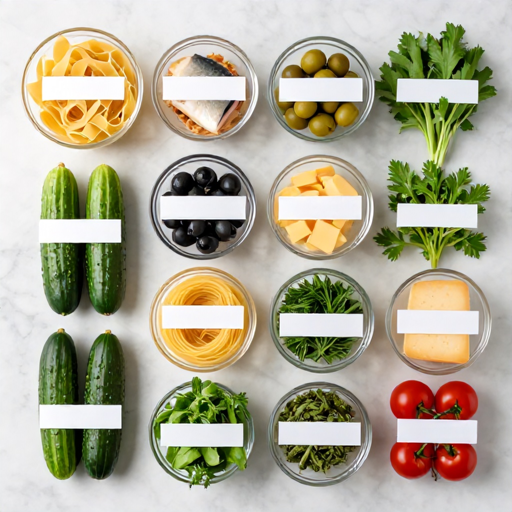 An overhead flat-lay photograph showcases an array of fresh ingredients for a meal, neatly arranged on a light-colored marble surface. The assortment includes pasta, fish, olives, and cheese in glass bowls, alongside vibrant produce like cucumbers, cherry tomatoes, and various leafy herbs. Each component is marked with a clean white label, creating an organized and instructional visual that highlights a variety of colors and textures.