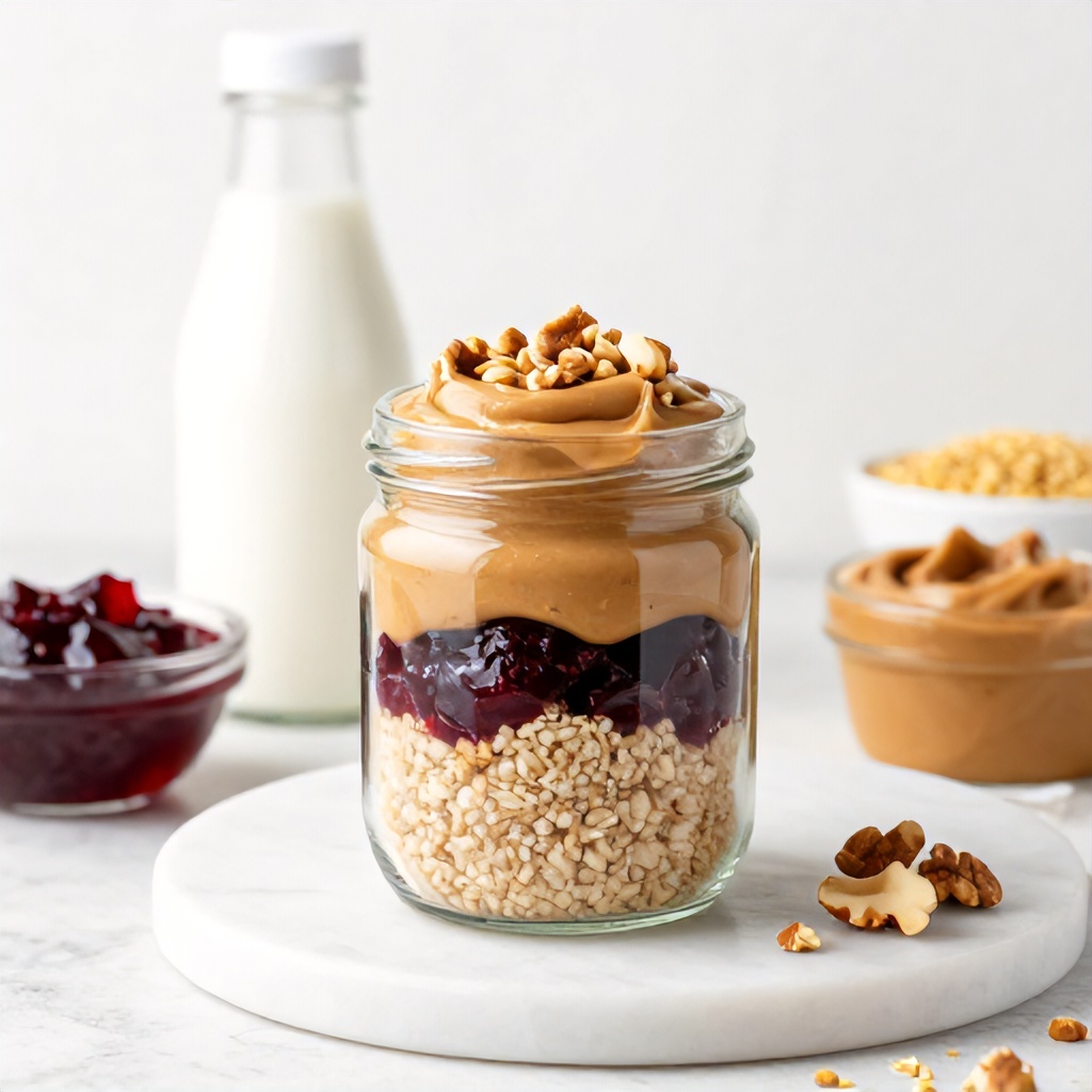 A clear glass jar filled with layered ingredients, including a light-colored grain mixture, dark red fruit preserve, and tan nut butter, is prominently displayed. It is topped with a generous dollop of the creamy tan spread and sprinkled with shelled nuts, resting on a round white board. The bright, clean setting features a tall white bottle, small bowls of complementary ingredients like fruit preserve, nut butter, and dry grains, creating an inviting and wholesome presentation.