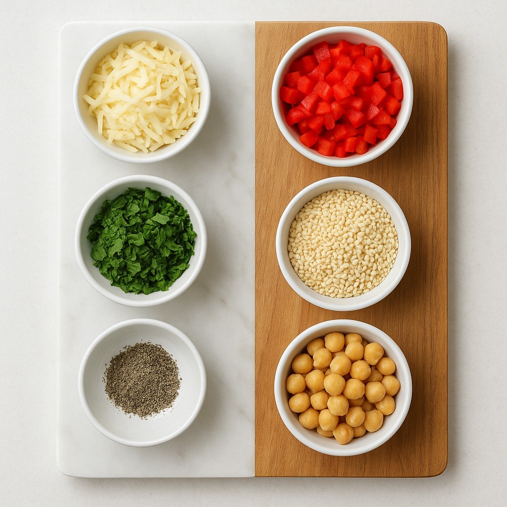 This image presents a top-down view of various ingredients arranged on a serving board. This board features a split design of light-colored marble and warm wood, holding several small white bowls filled with diverse food items. The clean, bright composition suggests an organized culinary preparation, showcasing a range of textures and colors against a light background.