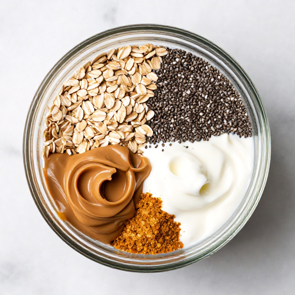 A clear glass jar placed on a light marble surface is filled with various unmixed breakfast ingredients. The container holds distinct sections of rolled oats, creamy nut butter, dark chia seeds, white yogurt, and ground spices. This overhead perspective emphasizes a variety of textures and warm, natural colors in a clean and organized presentation.