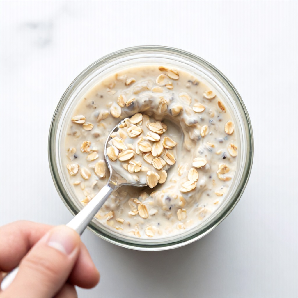 A top-down view shows a clear glass jar filled with a creamy oatmeal mixture, featuring visible rolled oats and small dark flecks. A hand enters from the lower left, holding a silver spoon that is partially submerged in the oats. The scene is set against a bright, light-colored marble surface, creating a clean and minimalist aesthetic that feels wholesome and inviting.