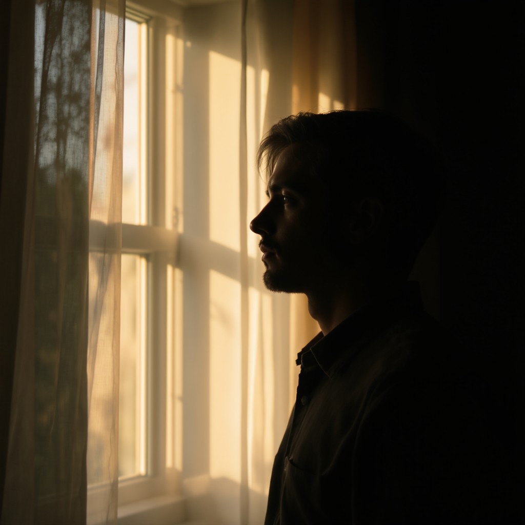 A person is shown in silhouette against a soft, sunlit window, creating a warm and contemplative atmosphere. The lighting highlights the person's profile, casting the rest of the scene in deep, moody shadows. The overall aesthetic is serene and introspective, evoking a sense of calm and mindfulness.