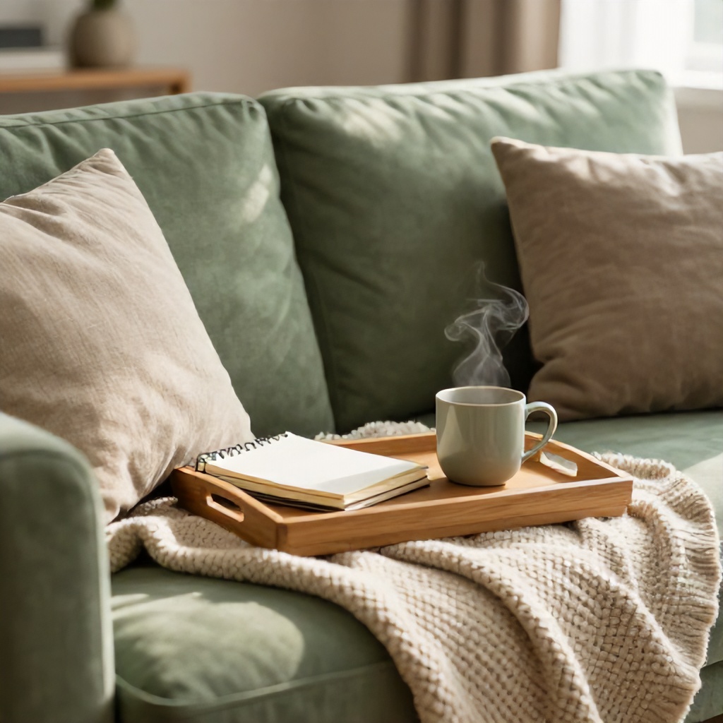 A cozy, sunlit living area features a soft green sofa accented with textured throw pillows and a knitted blanket. A wooden tray rests on the cushion, holding a simple notebook and a steaming mug, evoking a serene and mindful atmosphere. The warm, natural lighting creates a calm, inviting mood, perfect for self-reflection and relaxation.