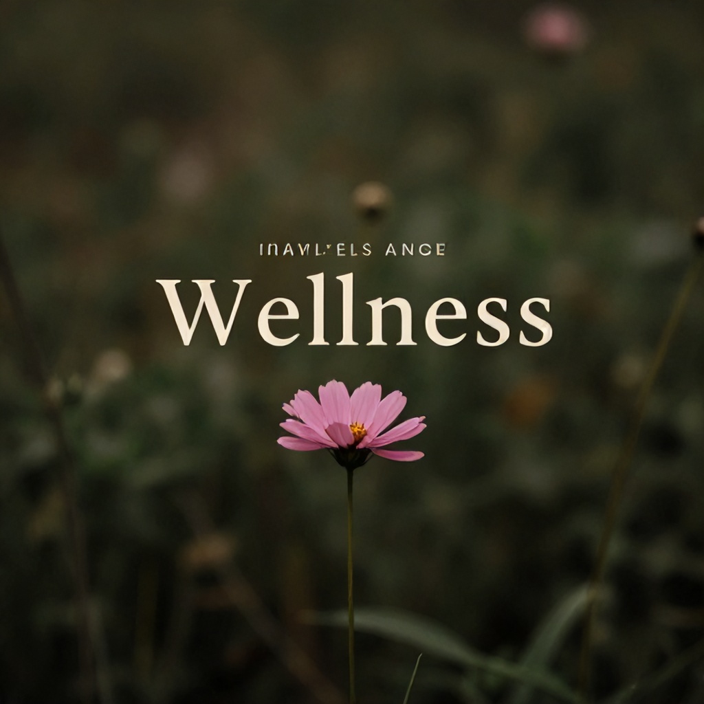 A single, delicate pink flower stem stands out against a moody, out-of-focus background of deep greens and earthy tones. The lighting is soft and atmospheric, creating a sense of quiet introspection. The composition features centered text in an elegant, serif font that emphasizes themes of wellness and tranquility.