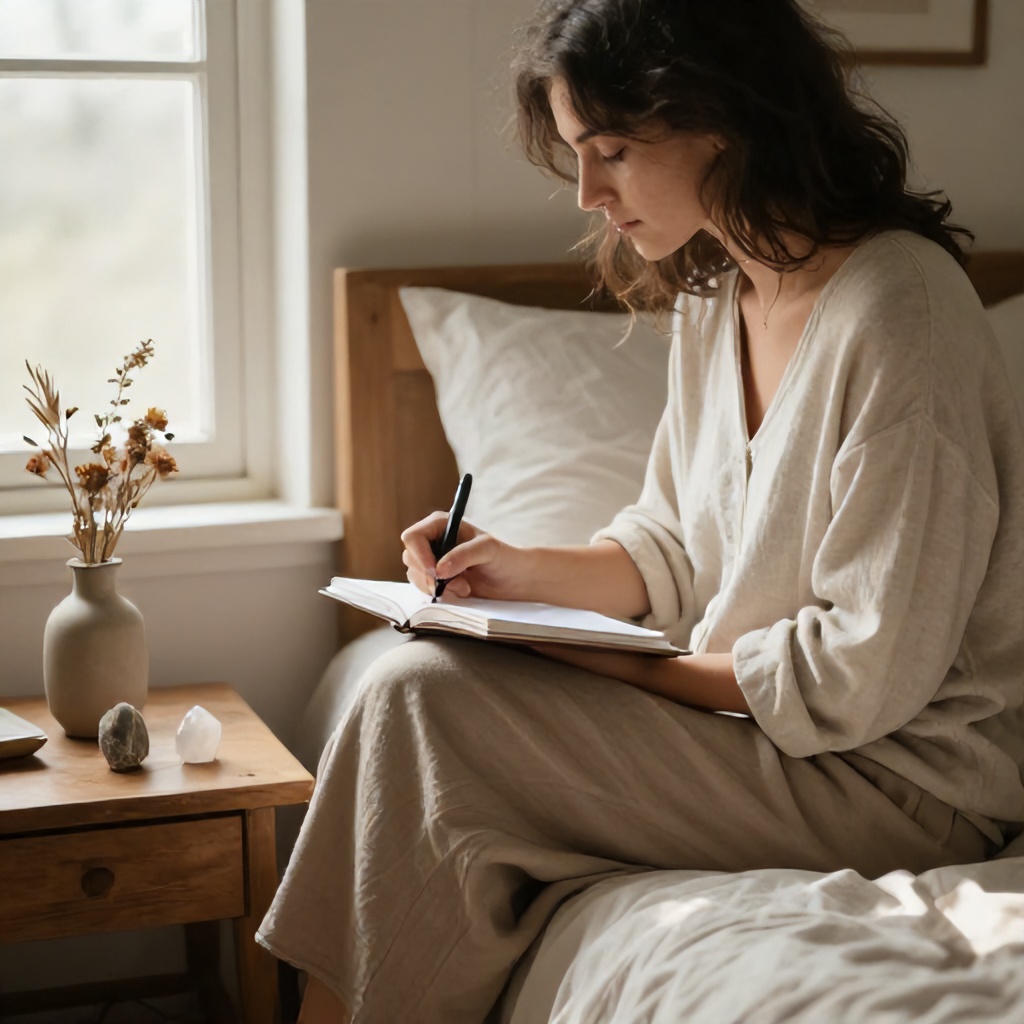 This image features a calm, peaceful scene of a woman sitting on a bed near a window, writing in a notebook. The warm, sun-drenched atmosphere is complemented by a small vase of dried flowers and several crystals resting on a wooden bedside table. The overall aesthetic is rustic and grounded, using a soft, neutral color palette of earth tones to evoke a sense of mindfulness and introspection.