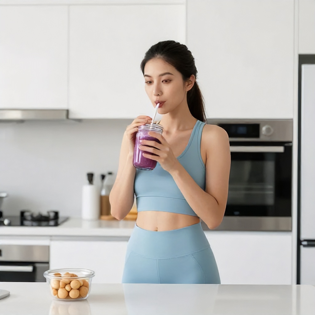 A woman in light blue athletic apparel stands in a bright, modern white kitchen, sipping a purple smoothie through a straw from a glass jar. She holds the drink with both hands while a container of small round snacks sits on the white countertop in front of her. The clean setting features minimalist white cabinetry and stainless steel appliances, conveying a fresh and health-conscious mood.