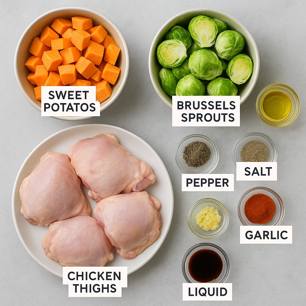 This top-down photograph displays an assortment of fresh ingredients arranged on a light gray textured surface, prepared for a meal. A plate of raw chicken thighs sits alongside bowls of chopped sweet potatoes and halved Brussels sprouts, accompanied by several small dishes containing oils, spices, and liquid seasonings. Each ingredient is clearly identified with white label boxes, creating an organized and bright instructional aesthetic for a recipe.