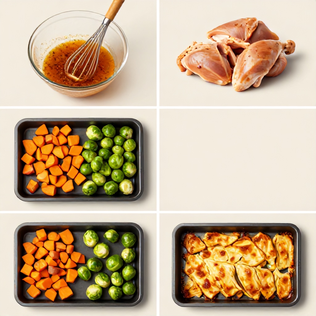 This collage shows five stages of preparing a roasted sheet pan dinner on a neutral, light-colored background. It details the steps of whisking a sauce, marinating raw chicken, and mixing diced sweet potatoes with Brussels sprouts. The final images depict the ingredients organized on a baking tray before and after being cooked until golden and tender.
