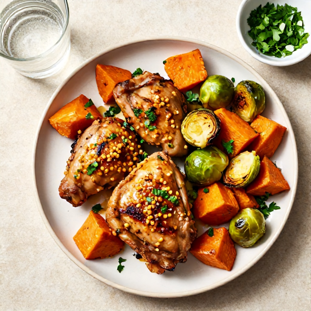 A plate of roasted chicken thighs is presented alongside cubes of orange sweet potato and charred Brussels sprouts. The dish is coated in a savory grainy mustard glaze and garnished with fresh, chopped parsley. Arranged on a light, textured surface, the meal is accompanied by a glass of sparkling water and a small bowl of extra herbs. The overhead shot captures the vibrant warm colors and wholesome, rustic feel of the cooked meal.