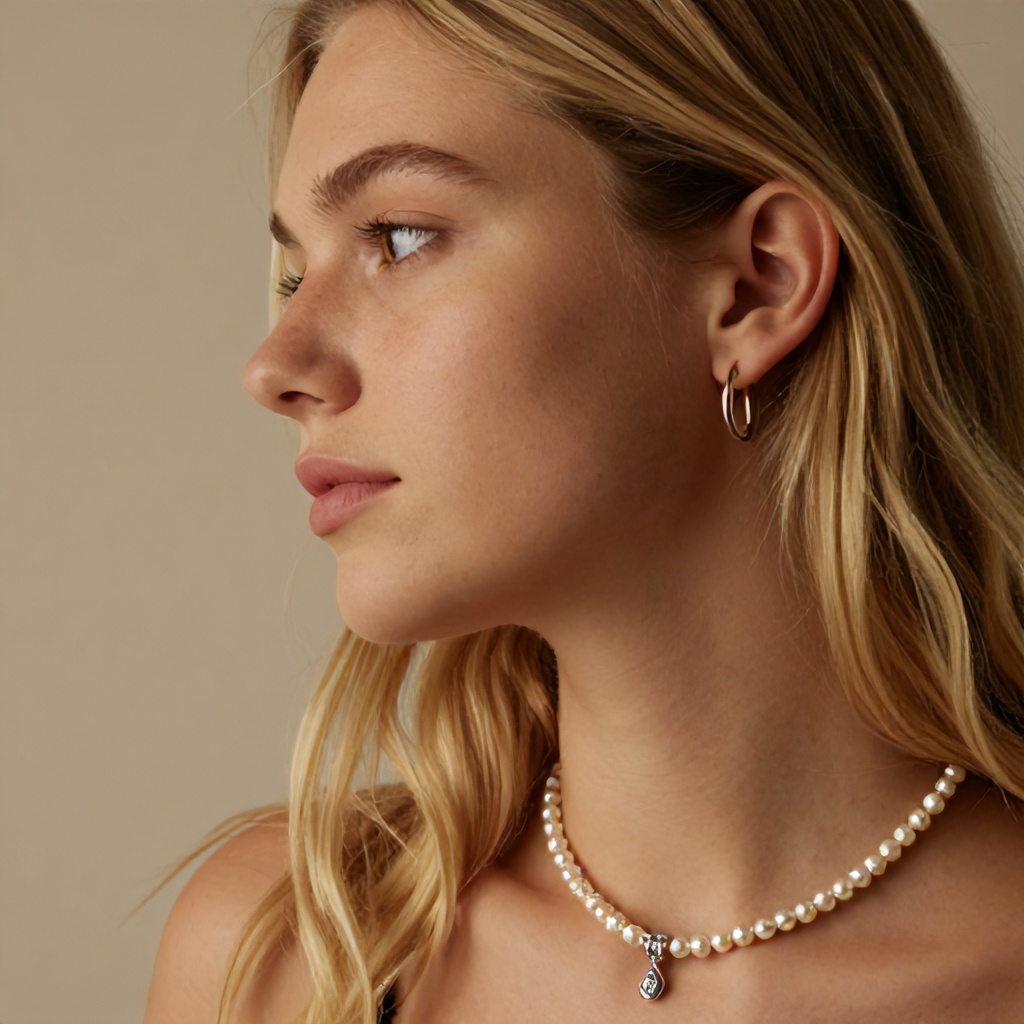 A close-up portrait of a young woman with blonde hair, captured in profile. She wears a string of pearls featuring a decorative silver-toned charm and simple hoop earrings against a neutral, warm background. The mood is calm and candid, highlighting the natural texture of her skin.