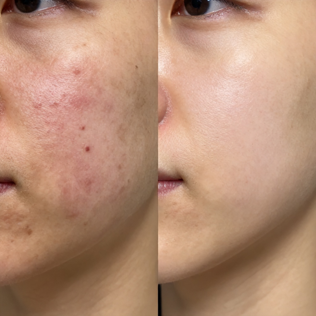 This side-by-side comparison displays a close-up of a person's cheek before and after a change in skin condition. The left image shows significant acne and redness, while the right image shows a clearer, smoother complexion. The neutral lighting and focus on facial skin highlight the improvement in texture and clarity.