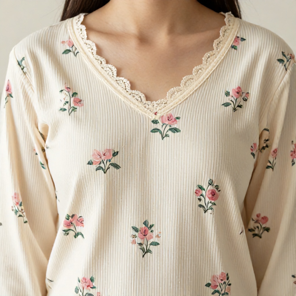 A person wears a soft, ribbed cream-colored loungewear set featuring a delicate pink and green floral pattern. The top is accented with a dainty lace trim along the V-neckline and sleeves, creating a vintage-inspired, feminine aesthetic. The overall mood is warm, comfortable, and serene, captured in soft, natural lighting.