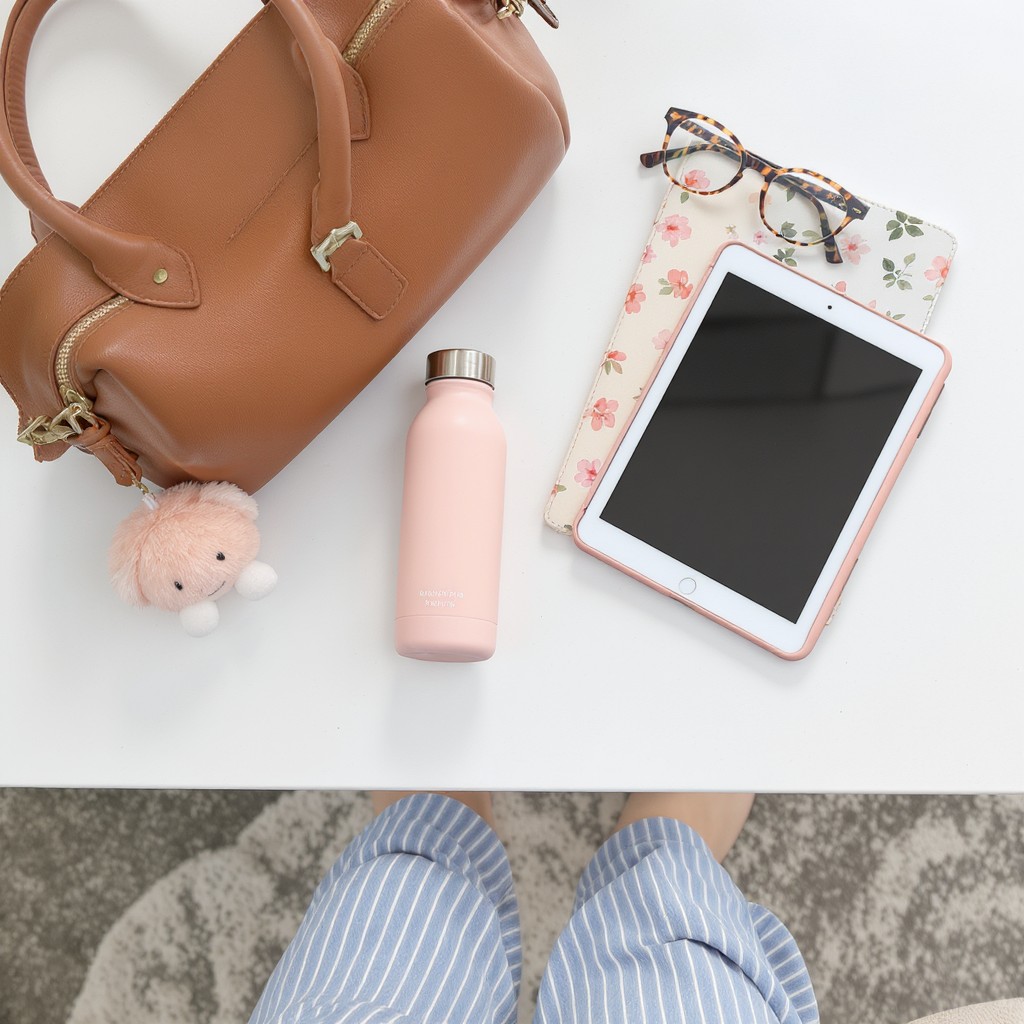 A high-angle view captures everyday personal items resting on a clean white surface, including a brown leather bag, a pastel pink reusable water bottle, tortoiseshell-rimmed glasses, and a tablet encased in a floral-patterned cover. A small, plush toy charm hangs from the side of the bag, adding a whimsical touch to the arrangement. The perspective looks down toward a person wearing light blue pinstriped trousers, creating a relaxed, organized atmosphere.