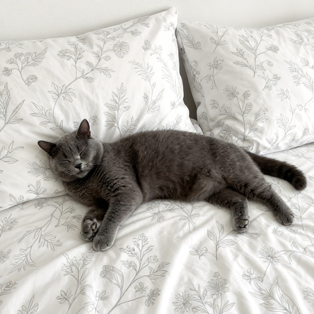 A solid gray cat is sprawled across a white bed covered in a delicate, light-gray botanical print. The cat is sleeping in a relaxed, asymmetrical pose, resting against soft pillows. The overall scene conveys a sense of quiet comfort and domestic tranquility.