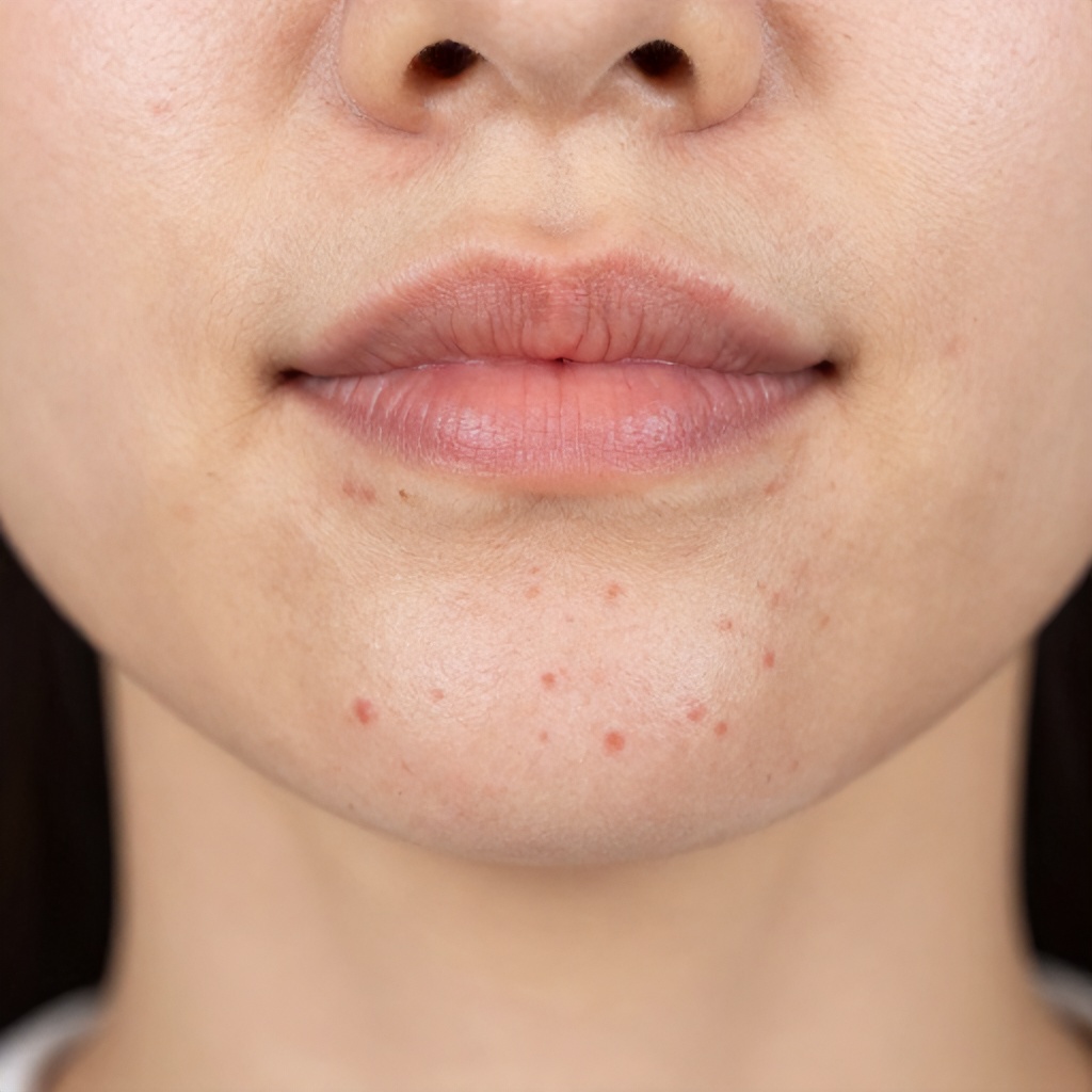 This close-up photograph displays the lower face and chin of a person with fair skin, focusing on visible skin imperfections. Numerous red, inflamed spots and blemishes are clustered around the jawline and chin area. The image is captured in clear, bright lighting against a neutral background, emphasizing the texture of the skin and the appearance of the breakout.