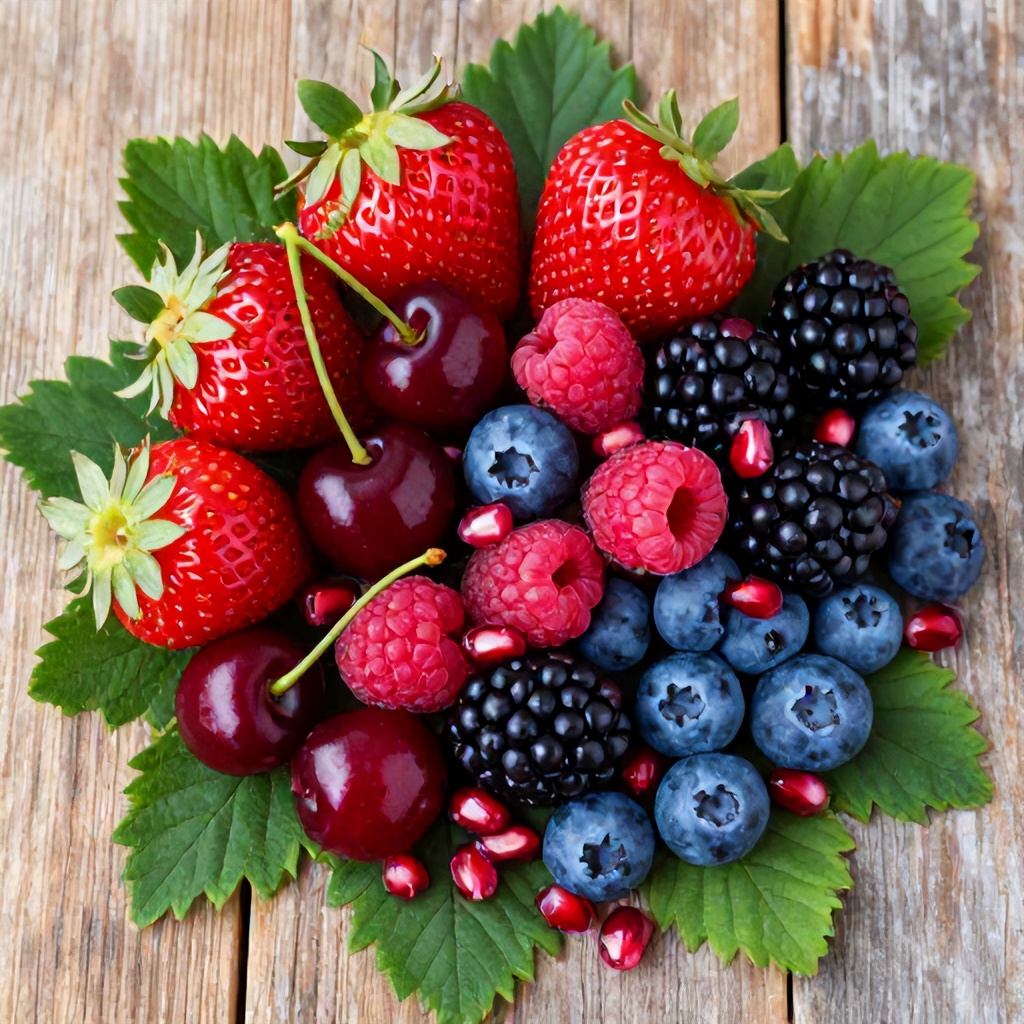 A vibrant arrangement of fresh berries, including strawberries, cherries, raspberries, blackberries, and blueberries, rests atop a bed of green leaves. The collection is punctuated with scattered pomegranate seeds, creating a colorful and healthy composition. This close-up, top-down view highlights the rich textures and natural hues of the fruit set against a rustic wooden surface.