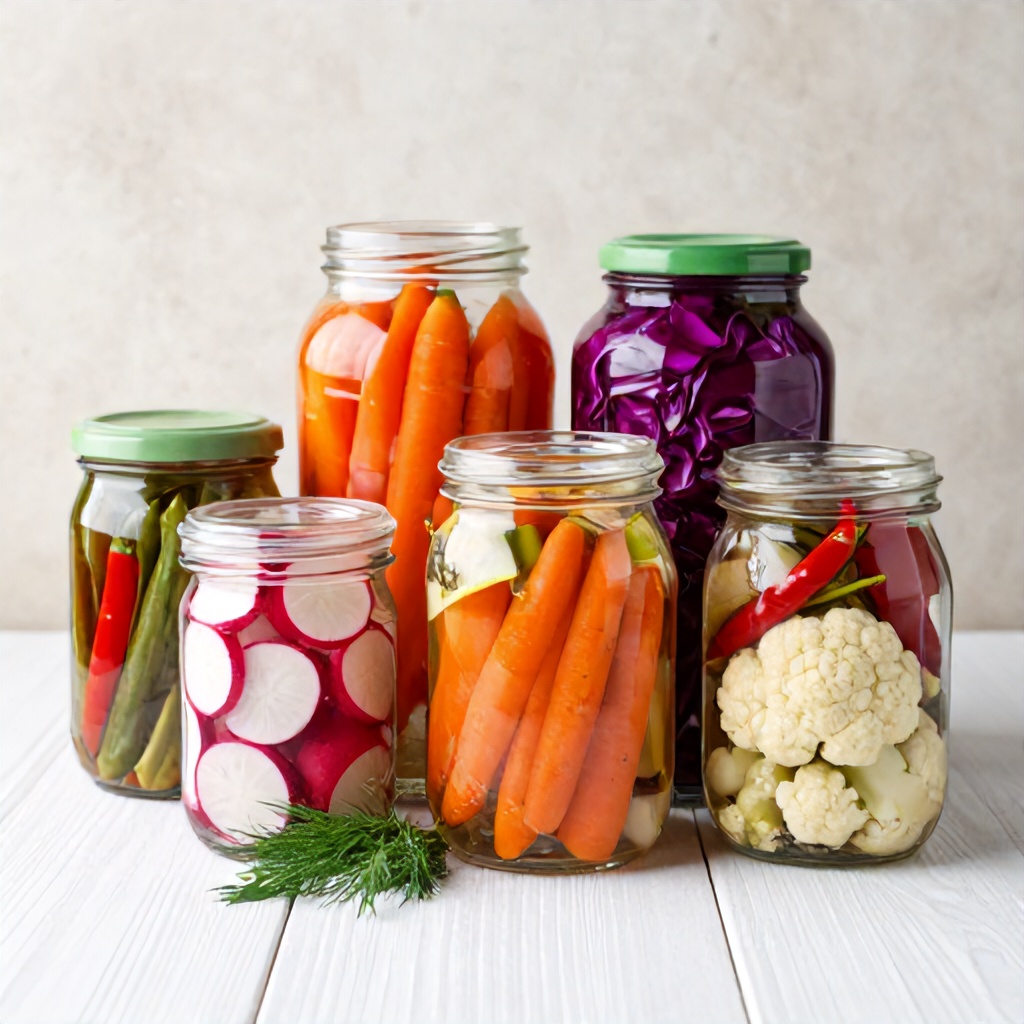 A variety of glass jars filled with colorful fermented vegetables are arranged on a white wooden surface. The jars contain diverse items including sliced radishes, carrots, red cabbage, cauliflower, and chili peppers, all set against a neutral, textured background. A single sprig of dill rests in front of the jars, creating a rustic and appetizing culinary composition.