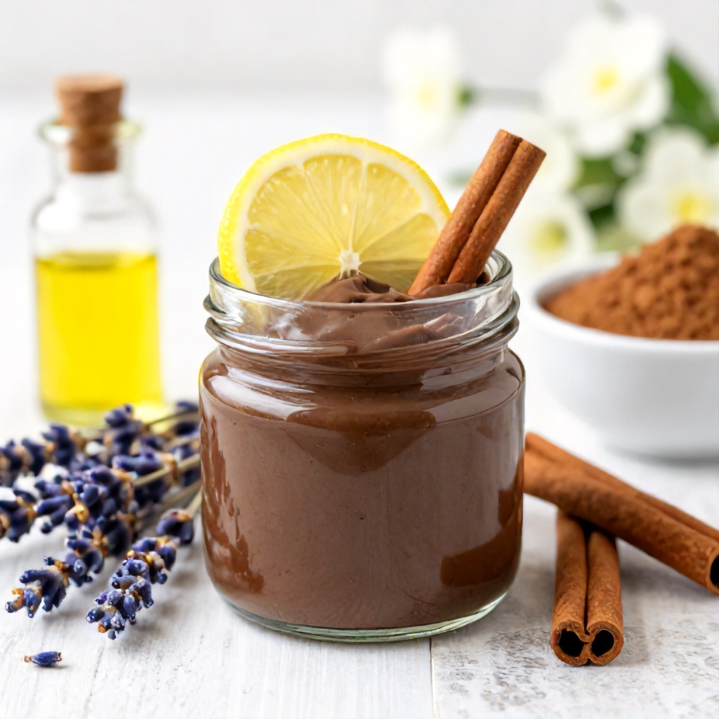 A small glass jar filled with a thick, dark chocolate-colored substance sits as the focal point, garnished with a fresh lemon slice and a cinnamon stick. The setting is surrounded by natural ingredients including dried lavender, golden oil in a small vial, and a bowl of brownish powder, all accented by white flowers in the background. The overall composition creates a warm, rustic, and spa-like atmosphere with a bright, clean aesthetic.