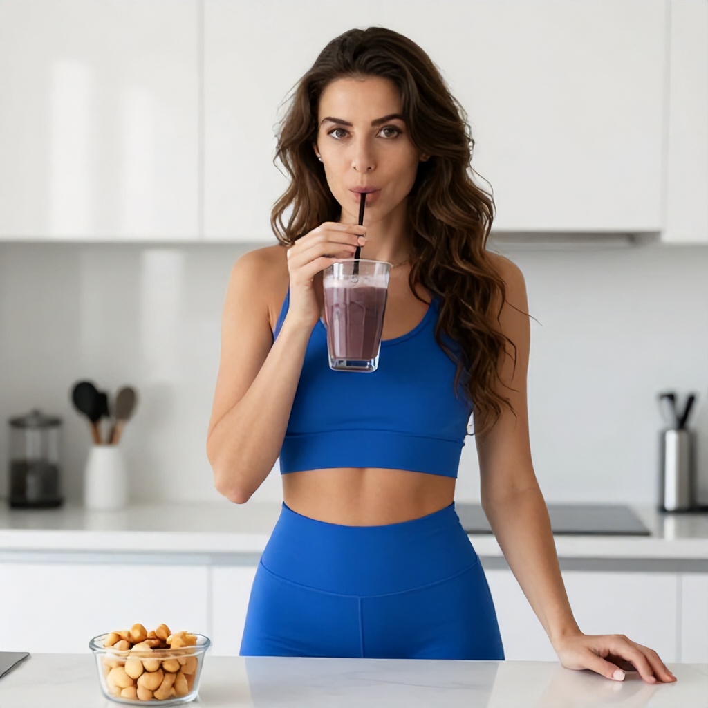 A woman with long, wavy brown hair wears a bright blue two-piece athletic outfit while standing in a clean, white modern kitchen. She holds a glass filled with a dark-colored smoothie and drinks from a straw, looking directly toward the viewer with a calm expression. In the foreground, a small container filled with assorted circular snacks sits on the countertop.