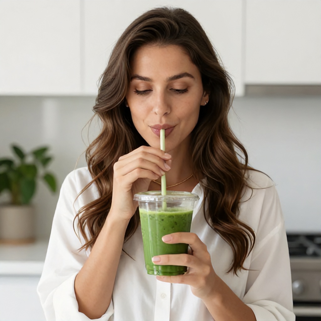 A woman with long, wavy brown hair wears a white blouse and gold jewelry as she sips a green smoothie through a straw. She is positioned in a bright, modern kitchen with white cabinets and a blurred green plant in the background. The overall tone of the image is clean, fresh, and inviting.