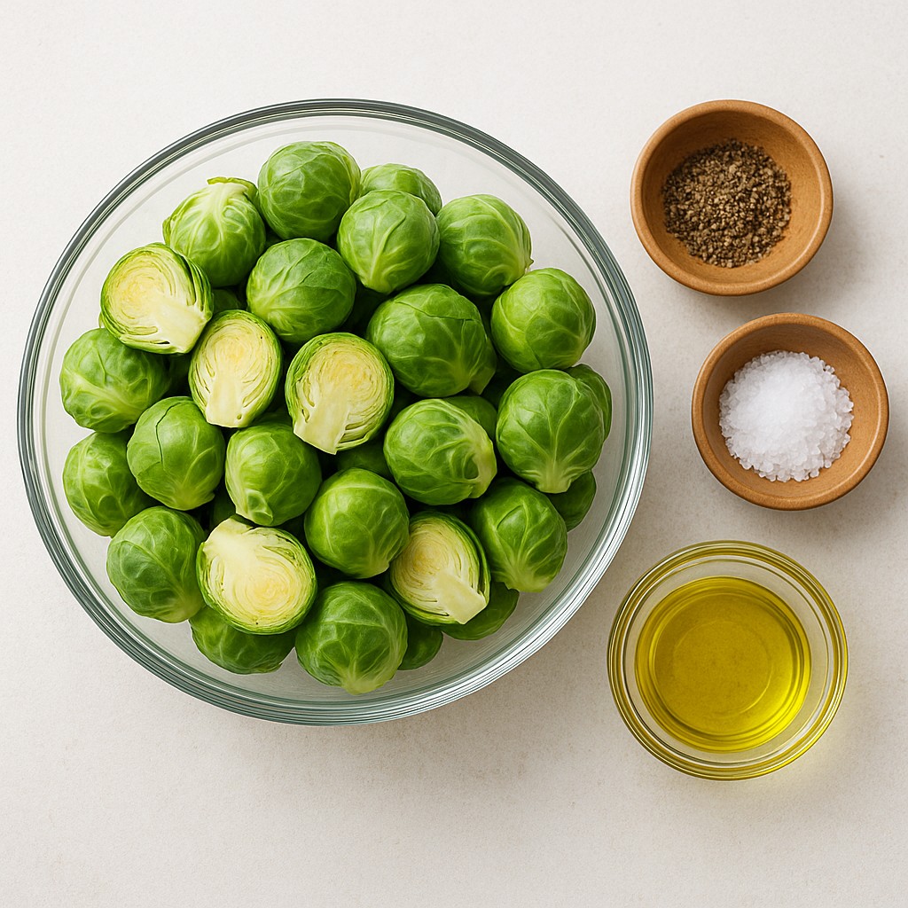 A large glass bowl filled with fresh, halved and whole Brussels sprouts sits on a light-colored, textured surface. Accompanying the sprouts are small wooden bowls containing black pepper and sea salt, along with a glass dish of golden yellow cooking oil. The composition is clean, bright, and organized, suggesting a preparation step for cooking a healthy meal.