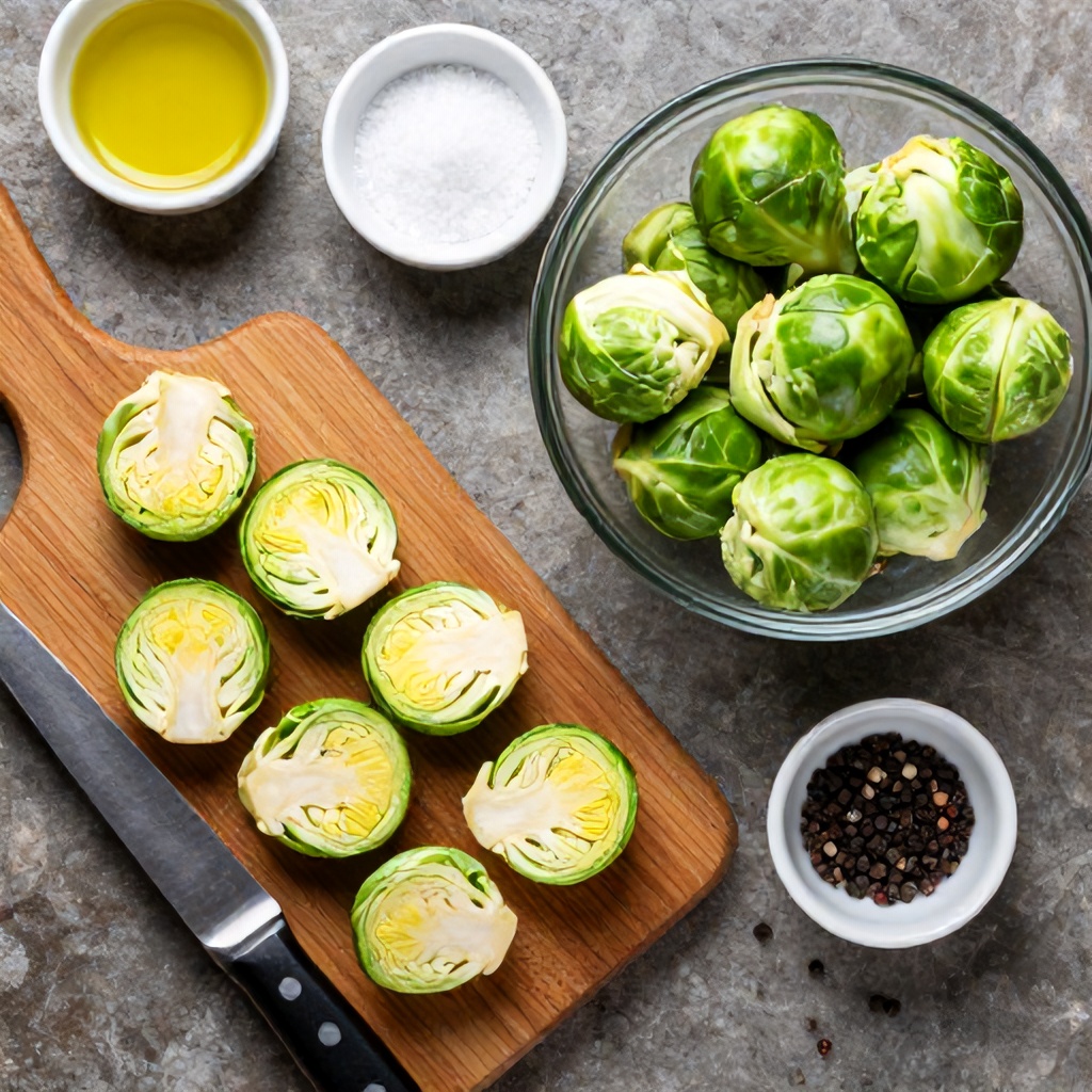 This top-down view shows Brussels sprouts being prepared for cooking on a rustic stone surface. A wooden cutting board holds several halved sprouts alongside a kitchen knife, while a glass bowl contains more fresh, whole sprouts. Nearby, small bowls of olive oil, salt, and black pepper complete the ingredients for this healthy meal.