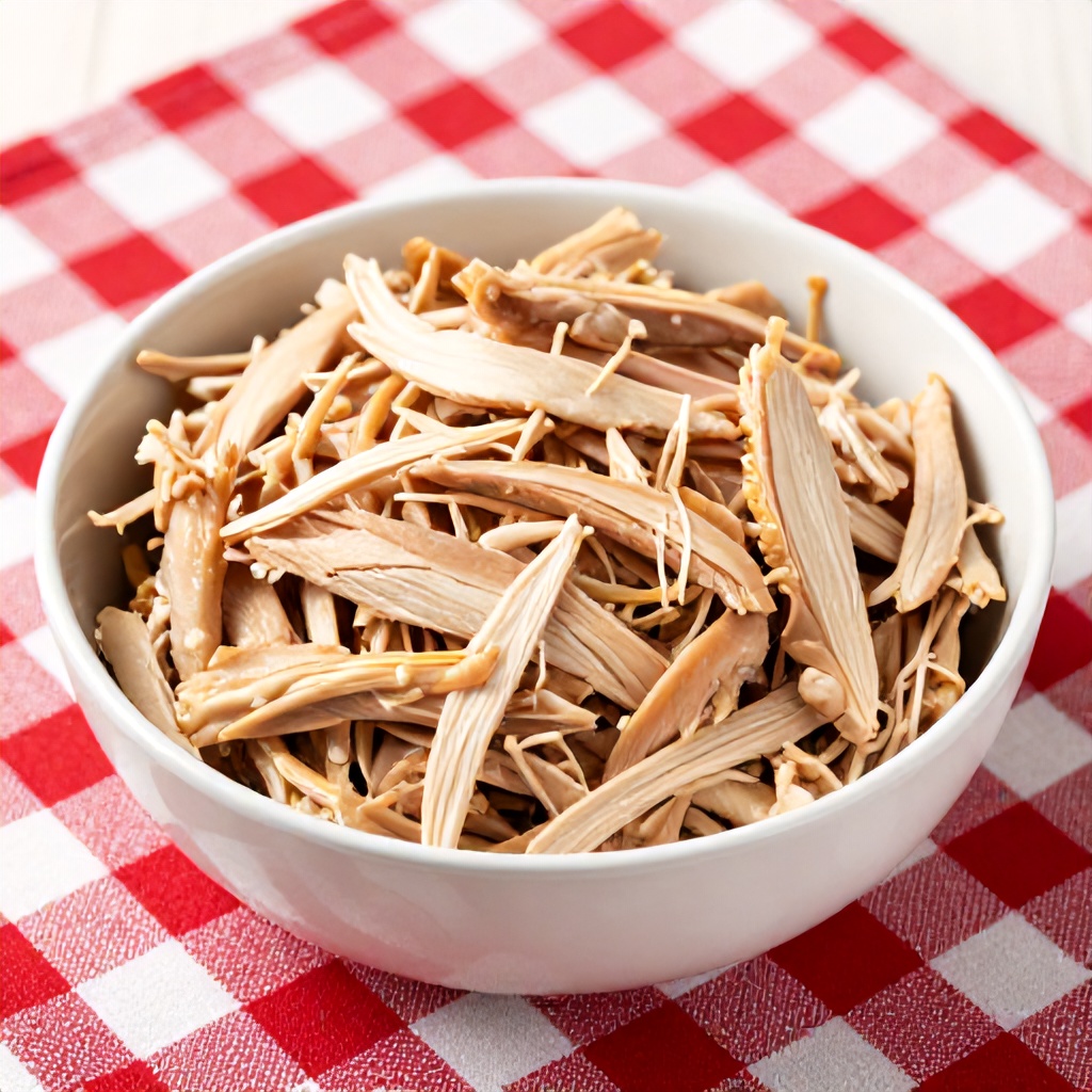 A white bowl is filled with a generous portion of shredded cooked chicken. The bowl rests on a red and white checkered cloth, creating a warm and rustic aesthetic. The lighting is soft and bright, emphasizing the natural textures of the poultry.