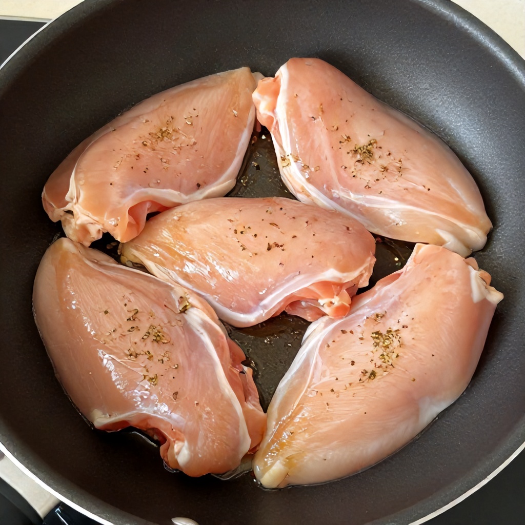 Several raw chicken breasts are arranged in a dark, rounded cooking pot. The meat is lightly coated in a mixture of oil and dried herbs, ready for preparation. The overall tone is simple and instructional, focusing on the culinary process.