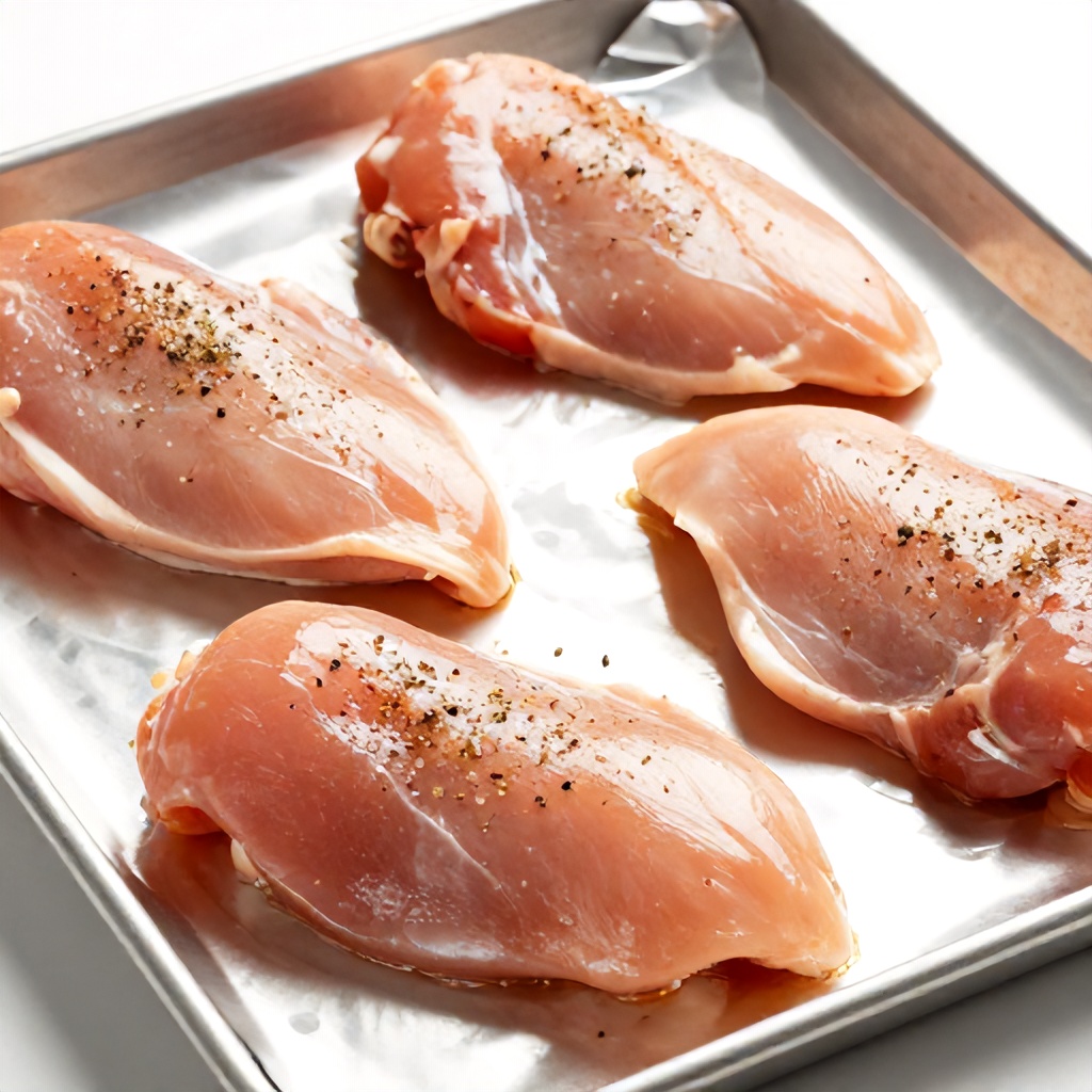 Four raw chicken breasts seasoned with herbs and spices are arranged on a metallic baking sheet lined with foil. The light-colored meat appears slightly oiled, creating a clean, culinary-focused aesthetic. The bright, high-key lighting creates a professional and appetizing mood for meal preparation.