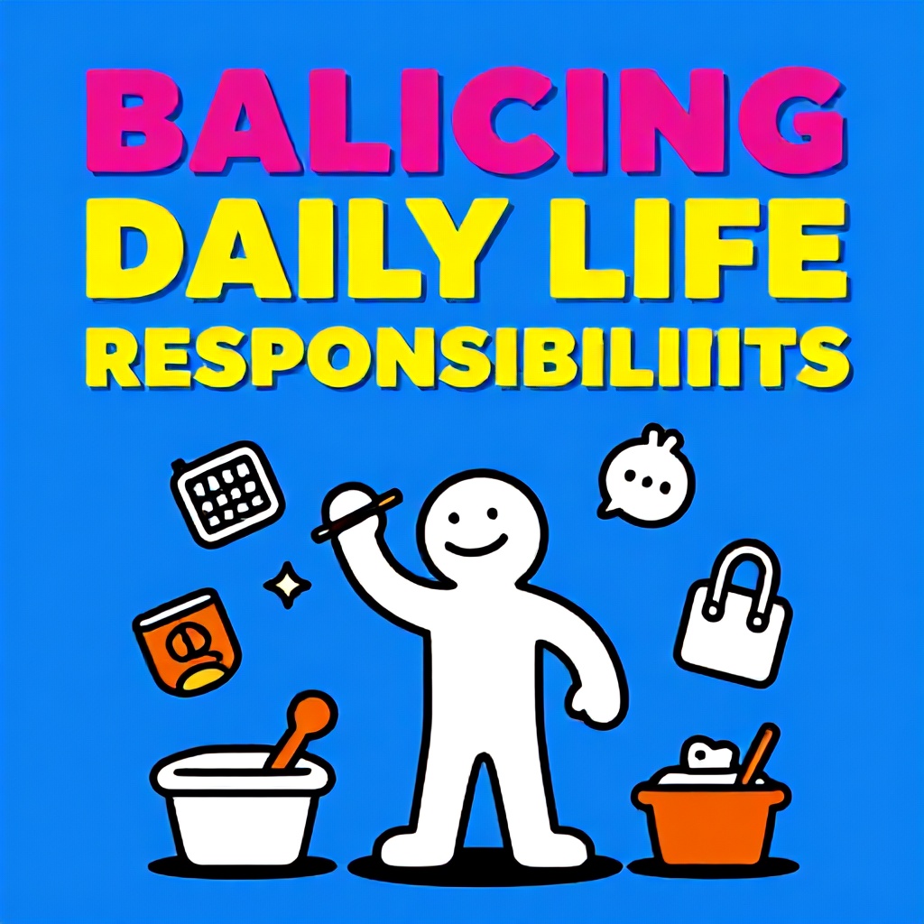 This image features a bright blue upper section with bold, multi-colored text. The lower portion contains a whimsical hand-drawn style illustration of a stick-figure character multitasking with various household, professional, and childcare objects surrounding them. The overall mood is lighthearted and focused on the concept of balancing daily life responsibilities.